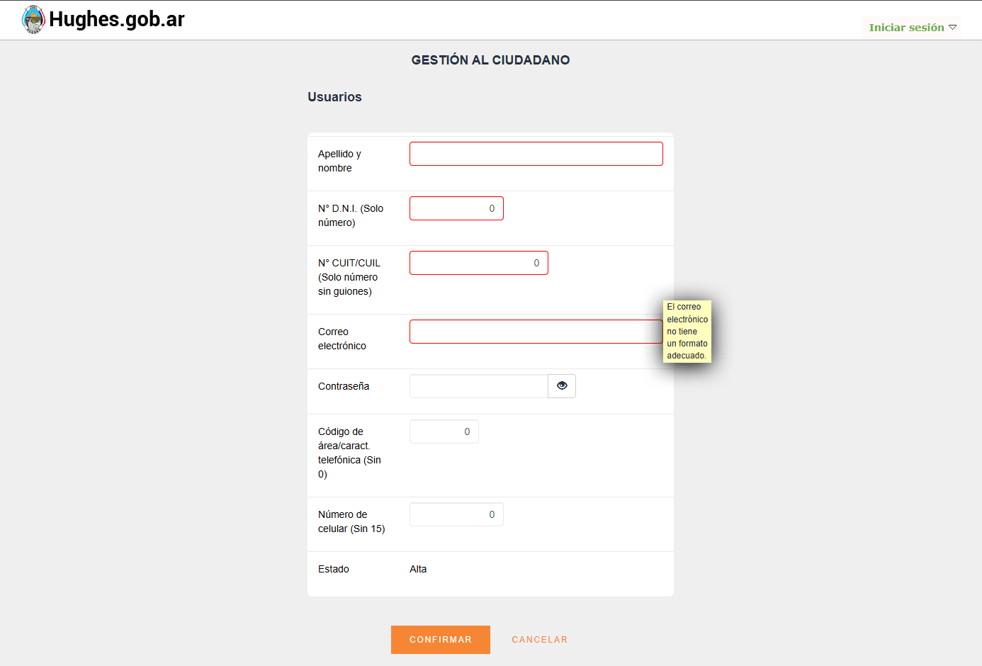 Formulario de registro de usuarios con los campos Apellido y nombre, DNI, CUIT o CUIL, Correo electrónico, Contraseña, Código de área y Número de celular, y los botones Confirmar y Cancelar.