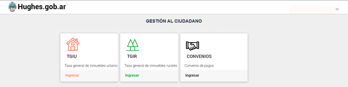 Pantalla Gestión al ciudadano con tres opciones: TGIU, Tasa general de inmuebles urbanos; TGIR, Tasa general de inmuebles rurales; y Convenios, Convenio de pagos. Cada una tiene un enlace Ingresar.