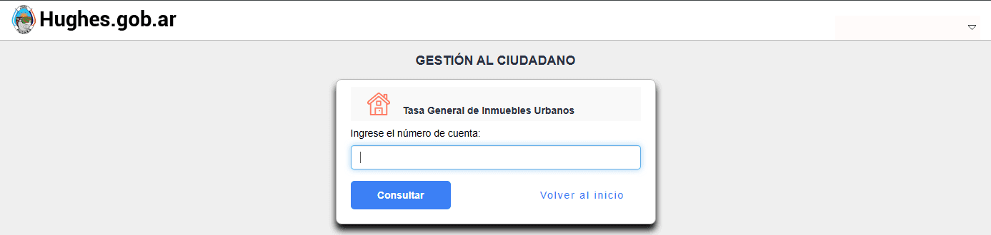 Formulario de la Tasa General de Inmuebles Urbanos con el campo Ingrese el número de cuenta, el botón Consultar y el enlace Volver al inicio.