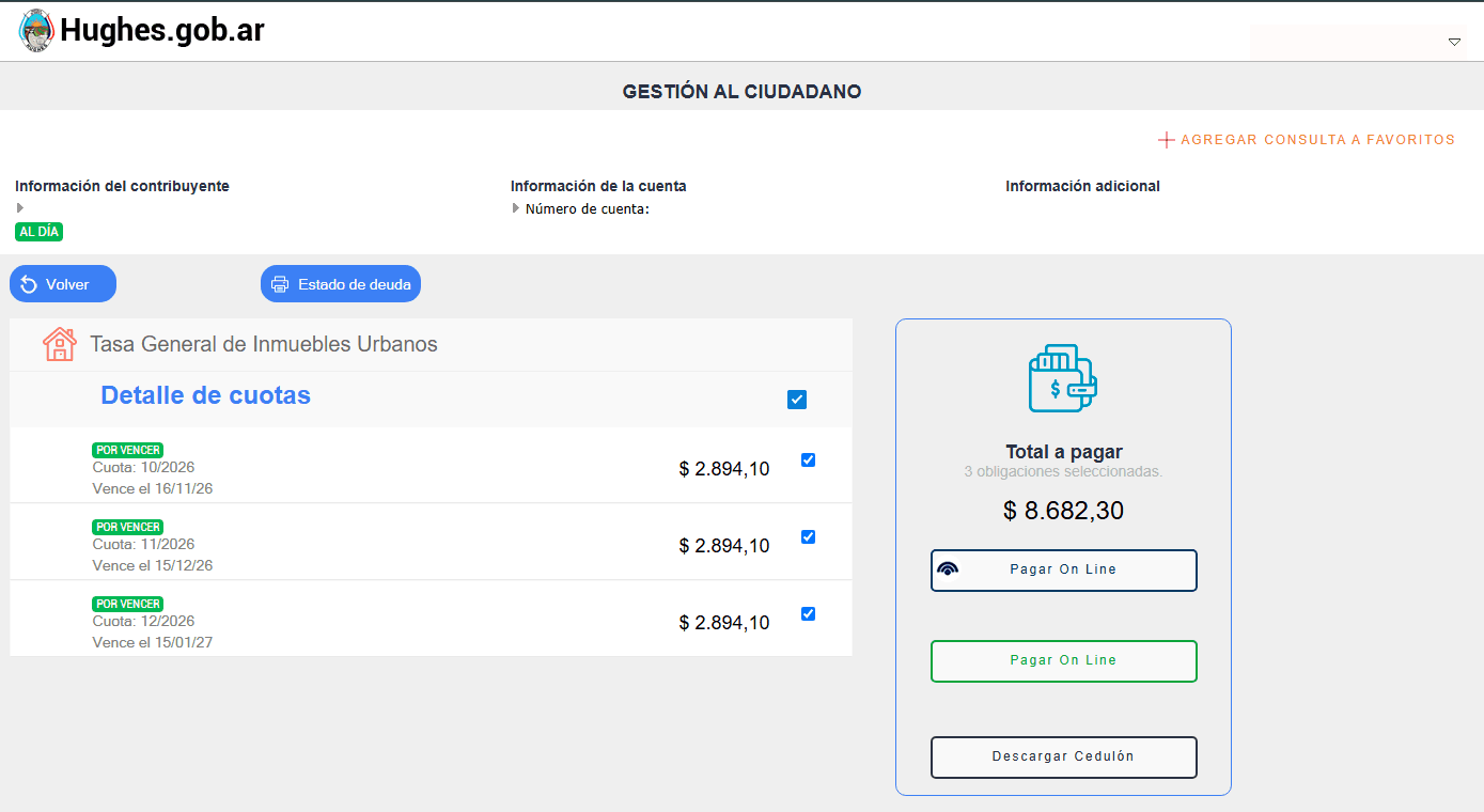 Detalle de cuotas de la Tasa General de Inmuebles Urbanos con tres cuotas por vencer seleccionadas y, a la derecha, el recuadro Total a pagar con dos botones Pagar On Line y el botón Descargar Cedulón. Los datos del contribuyente están ocultos.